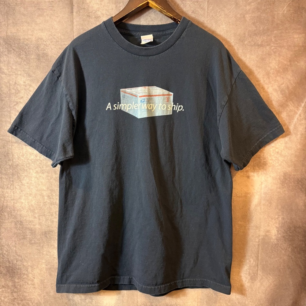 Vintage Murina USPS T-Shirt XL Navy Blue Priority Mail Flat Rate Box Made in USA